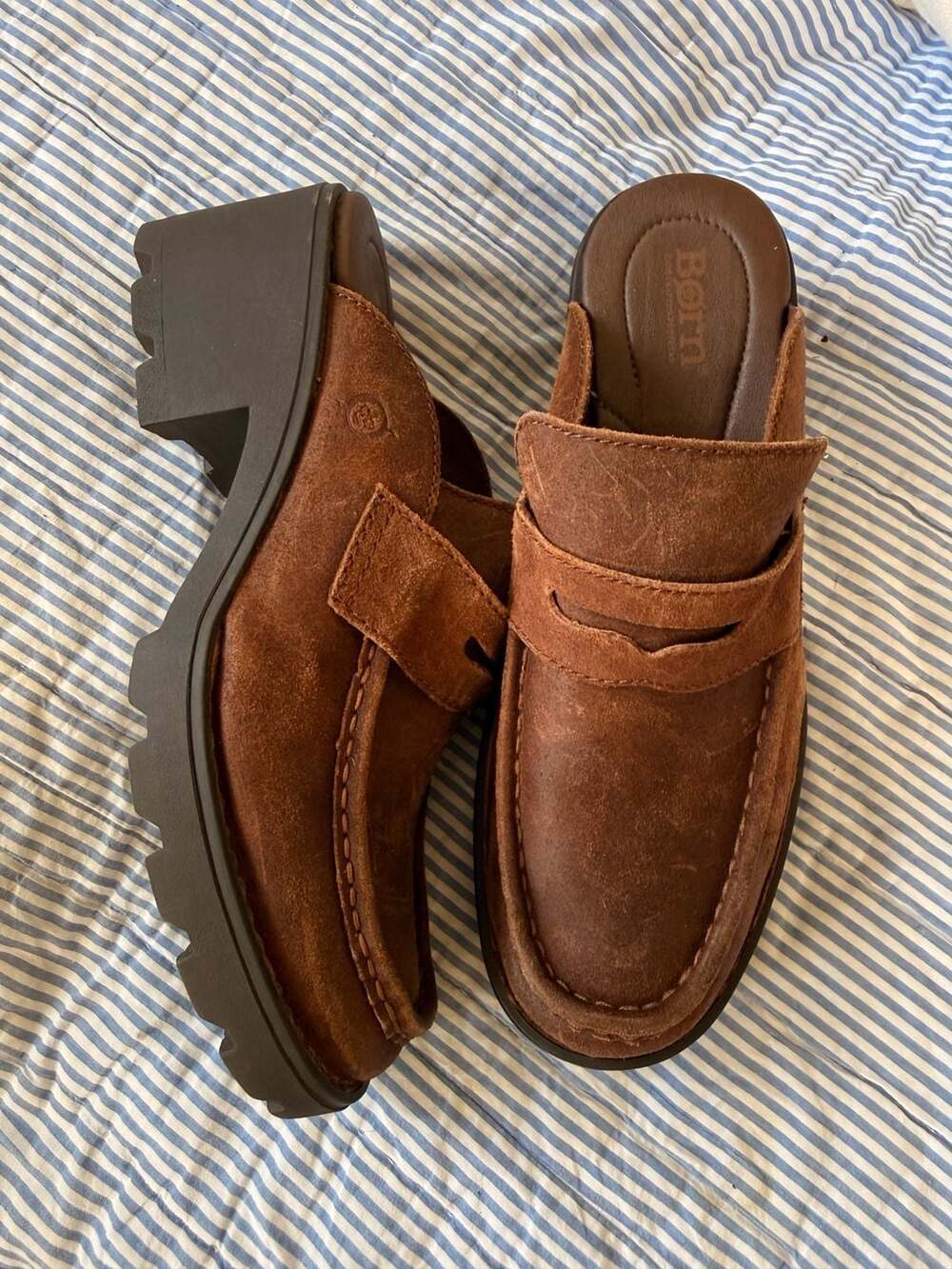 Born Brown Suede Lug Sole Penny Loafer Mules NEW size 8